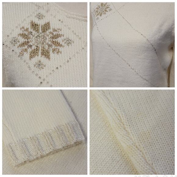Snowflake Sweater Womens Sz L Petite Cream Gold Beaded Wool Pullover Christmas - Picture 6 of 7